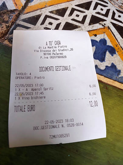 A bill for 2 people at A to' Casa, Palermo, Sicily
