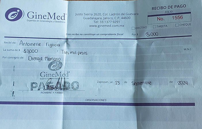Receipt for seroma drainage, GineMed, Guadalajara