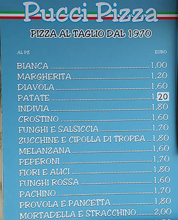 Standard menu, Pucci Pizza, Anzio, Italy