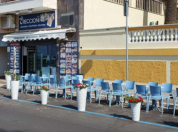Outdoor seating at Treccione Gelateria, Anzio, Italy