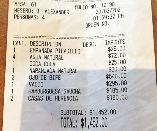 Our bill for 4 people at Rincon De Bariloche, Arandas, Mexico