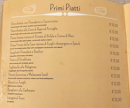 First plate menu at Betty Cafe, Brindisi, Italy