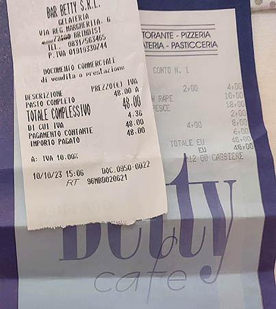 Our bill for 2 at Betty Cafe, Brindisi, Italy