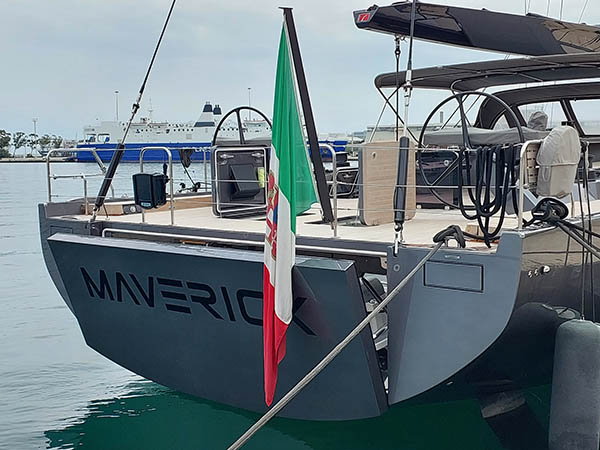 A close up view of a sailing yacht at Brindisi Harbor, Italy