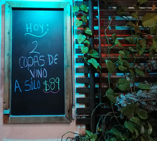 2 glasses of wine for$3.50USD, Cafe Lavoe, Oaxaca, Mexico