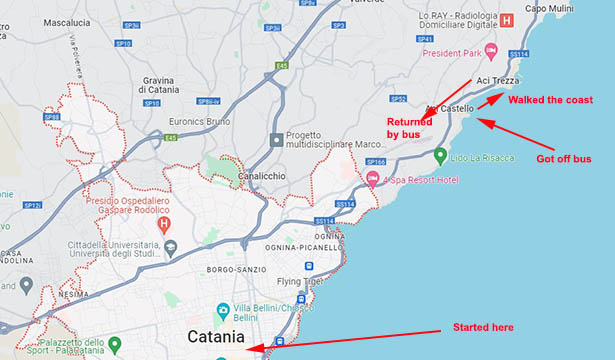 Map of tour bus route, Catania, Sicily