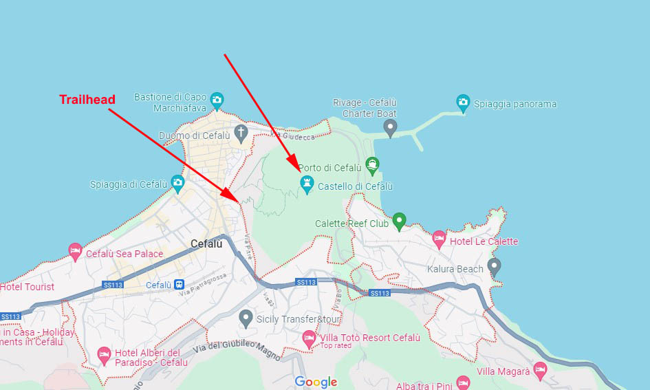 Google map showing Castello di Cefalu