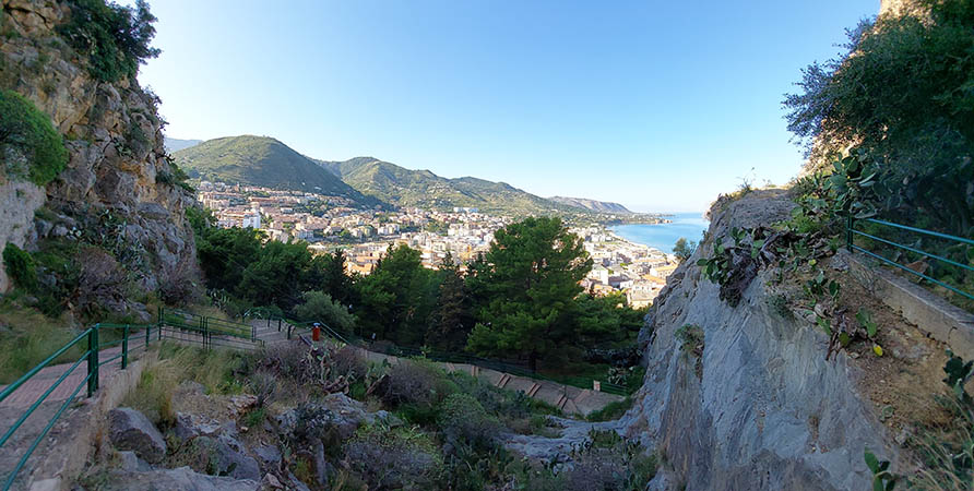 Wider view of trail and town below,  Rocca di Cefalu, Sicily