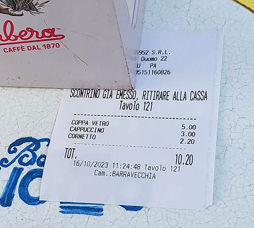 The bill for 2 at piazza in front of the Cathedral, Cefalu, Sicily