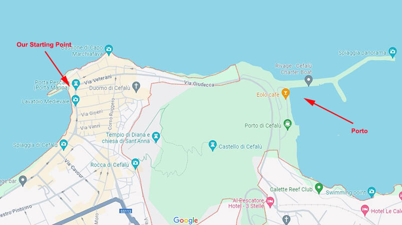 Map of Cefalu showing the Porto, Cefalu, Sicily