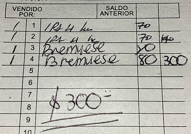 Our bill for 4 craft beers at the Tap Room de Canneria, Baja California, Mexico