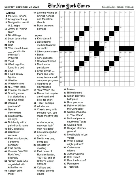 Robert's New York Times crossword puzzle (published 9/23/23)