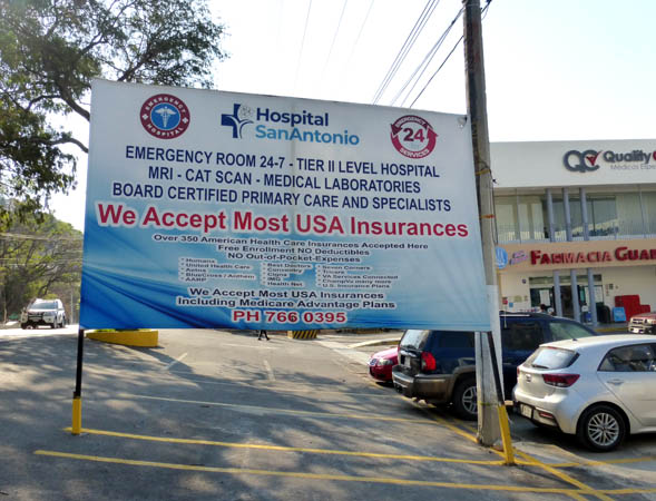 Sign reading that Hospital San Antonio takes various insurances, Lake Chapala, Mexico