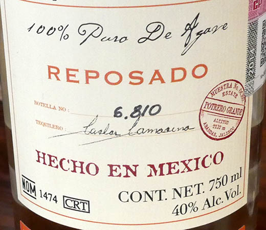 Tequila Ocho Reposado with Distiller's signature and NOM, La Altena Distillery, Arandas, Jalisco, Mexico