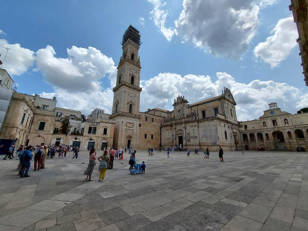 A wider view from the Piazza of the tower and the Bishop's Palace, Lecce, Italy