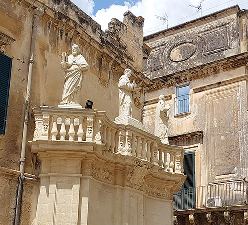 Close up of statues at the Bishop's Palace in Lecce, Italy