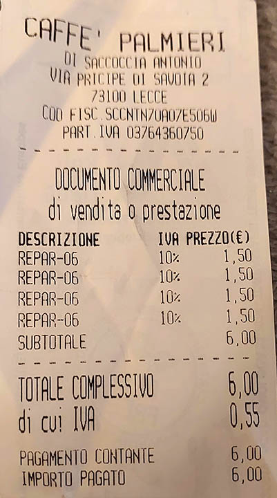 Our bill for 2 people Caffe Palmieri, Lecce, Italy