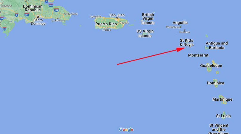 Map with the location of St. Kitts and Nevis in the Caribbean