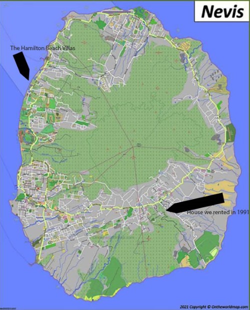 Map of Nevis, Nevis, West Indies