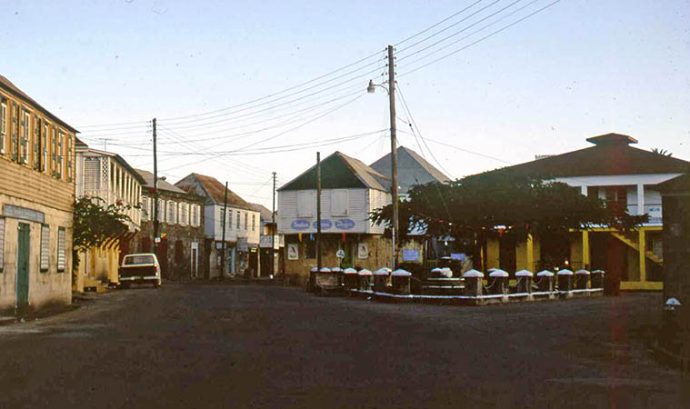 A broader view of Downtown Charlestown, Nevis, West Indies, 1991