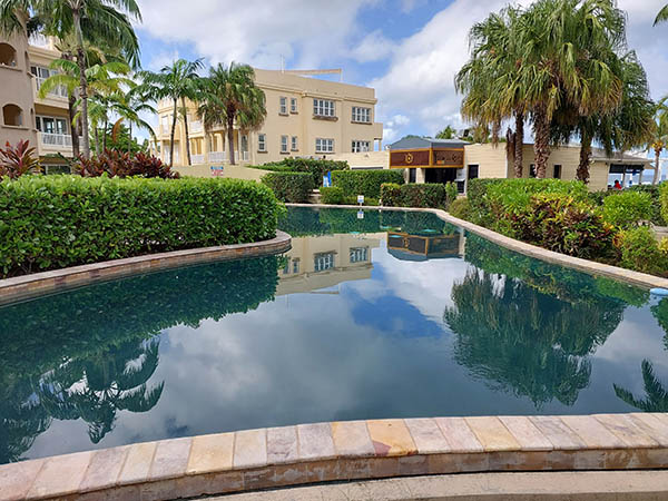 Wading pool looking towards Yachtsman Grill at Hamilton Beach Villas and Spa, Nevis, West Indies