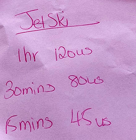 Pricing of Jet Ski Rentals on Oualie Beach near On The Rocks Bar and Lounge, Nevis, West Indies