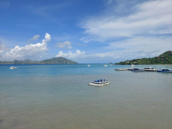 Jet skis on the water, St. Kitts in the background, from On The Rocks Bar and Lounge, Nevis, West Indies