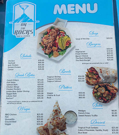 Menu from On The Rocks Bar and Lounge, Nevis, West Indies