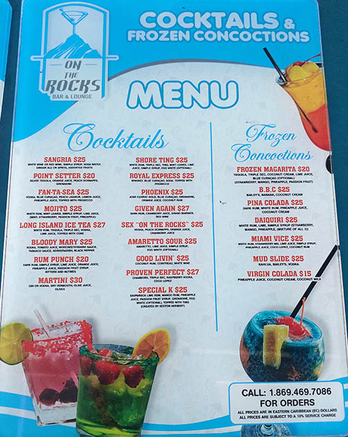 Cocktail menu at On The Rocks Bar and Lounge, Nevis, West Indies