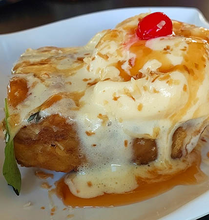 Pineapple coconut bread pudding at Rosie's Pattys, Nevis, West Indies