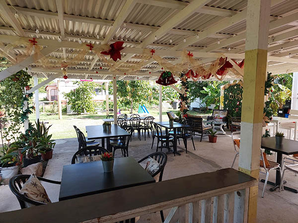 covered outdoor patio seating at Rosie's Pattys, Nevis, West Indies
