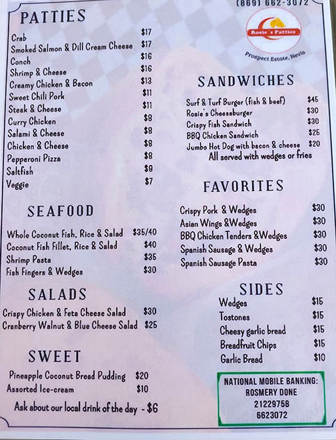 Menu at Rosie's Pattys, Nevis, West Indies