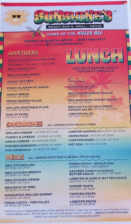 Lunch menu at Sunshine's Beach Bar and Restaurant, Nevis, West Indies