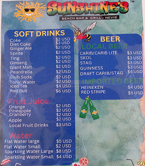 Soft drinks and beer at Sunshine's Beach Bar and Restaurant, Nevis, West Indies