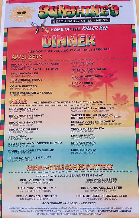 Dinner menu, combo plates and full meals at Sunshine's Beach Bar and Restaurant, Nevis, West Indies