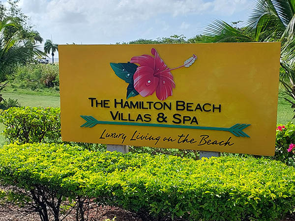 The sign for Hamilton Beach and Villas on Nevis Island, West Indies