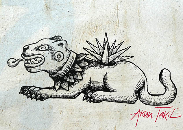 woodblock print, Mexican hairless dog, Oaxaca street art, Mexico