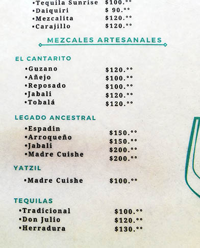 Drink menu at Terraza Zicatela, Puerto Escondido, Mexico