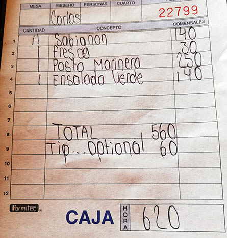 Bill for one at Terraza Zicatela, Puerto Escondido, Mexico