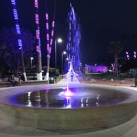 Lighted fountain at night Puerto Ensenada, Baja California, Mexico