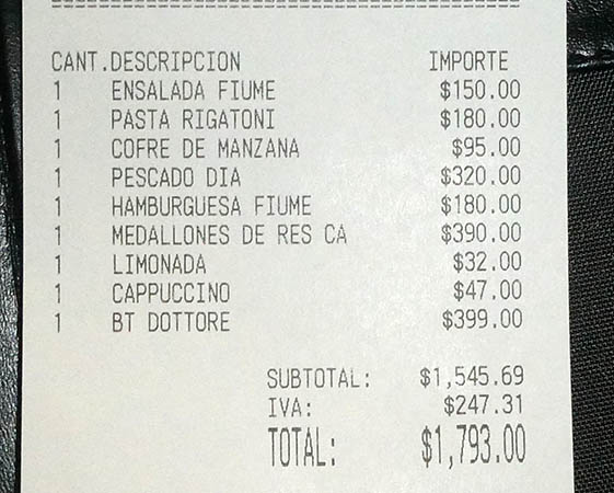 Bill for 7 people at Fiume 37, Queretaro, Mexico
