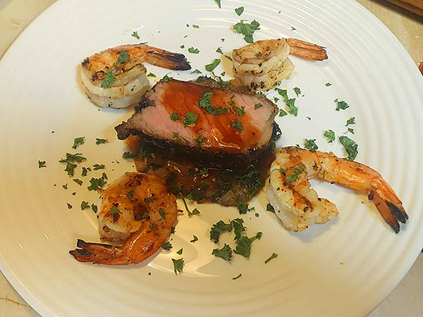 Grilled  Home Dried Aged Sirloin with Prawns and Chimi-Churi