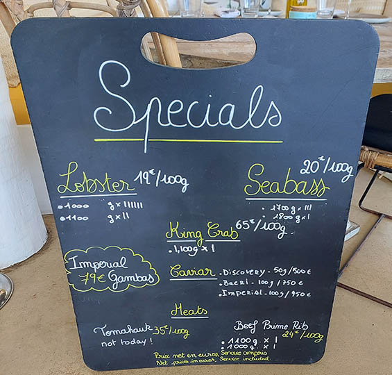 Menu of specials at Shellona Restaurant, St. Barth