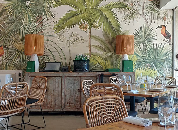 Tropical wallpaper at Shellona Restaurant, St. Barth