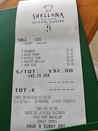 Lunch bill for 2 people at Shellona Restaurant, St. Barth