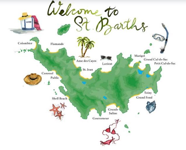 Stylized Map of St. Barth with Shell Beach marked