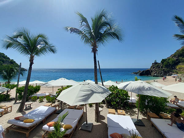 View of lounge chairs and the sea from Shellona Restaurant, St. Barth