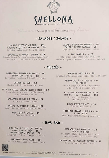 Menu of light options at Shellona Restaurant, St. Barth