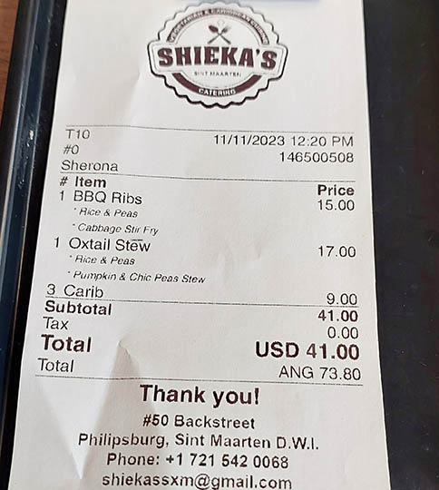 Bill for 2 people, lunch, Sheika's Bistro, St Maarten