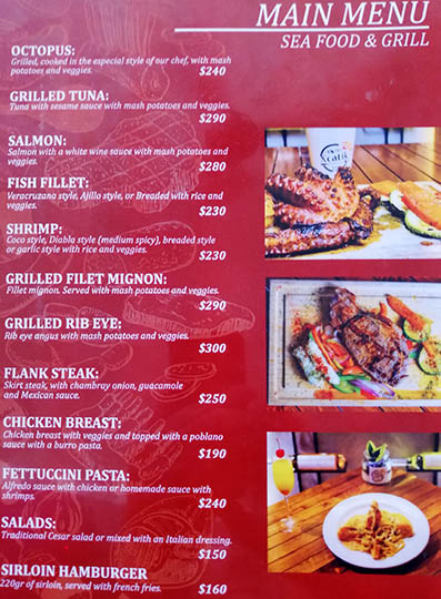 Physical menu at X'catik Restaurant, Isla Mujeres, Mexico